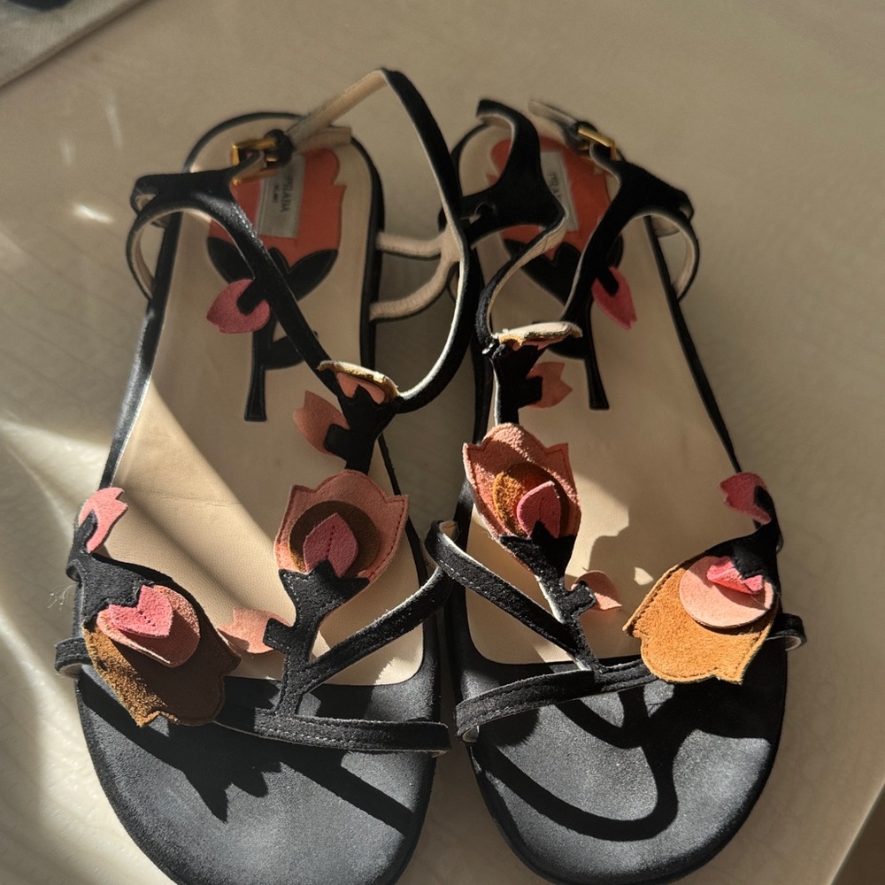 Prada Black Sandals with Pink and Brown Floral Accents